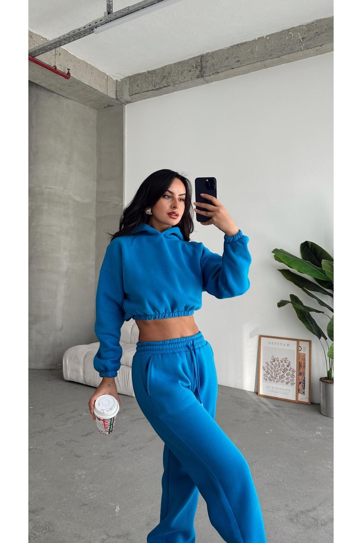 Kapüşonlu Crop Sweat Jogger Eşofman Takım Saks Mavi