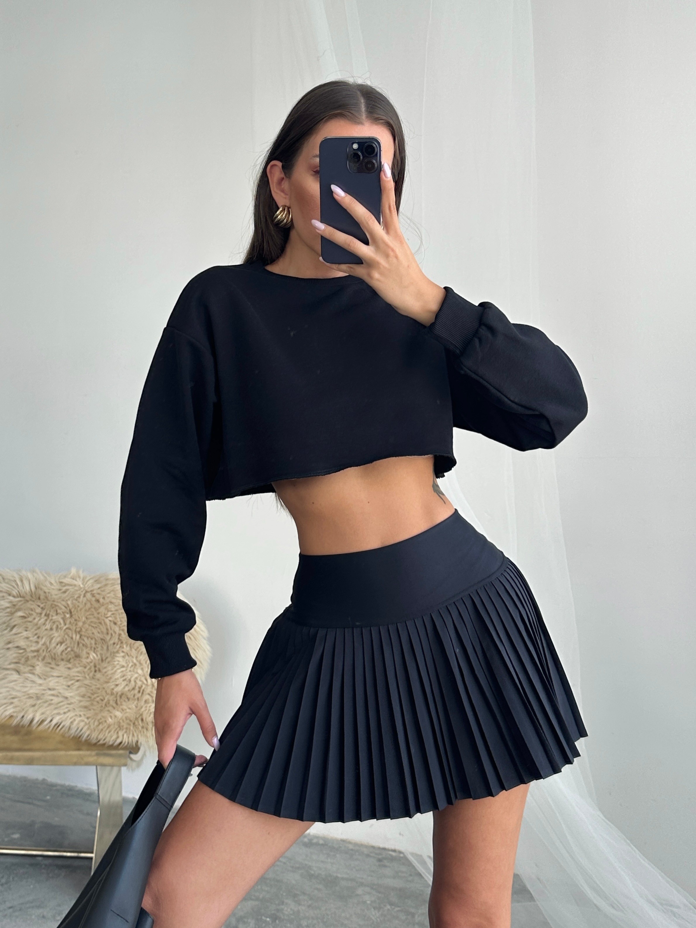 Dikişsiz Crop Sweat - Siyah