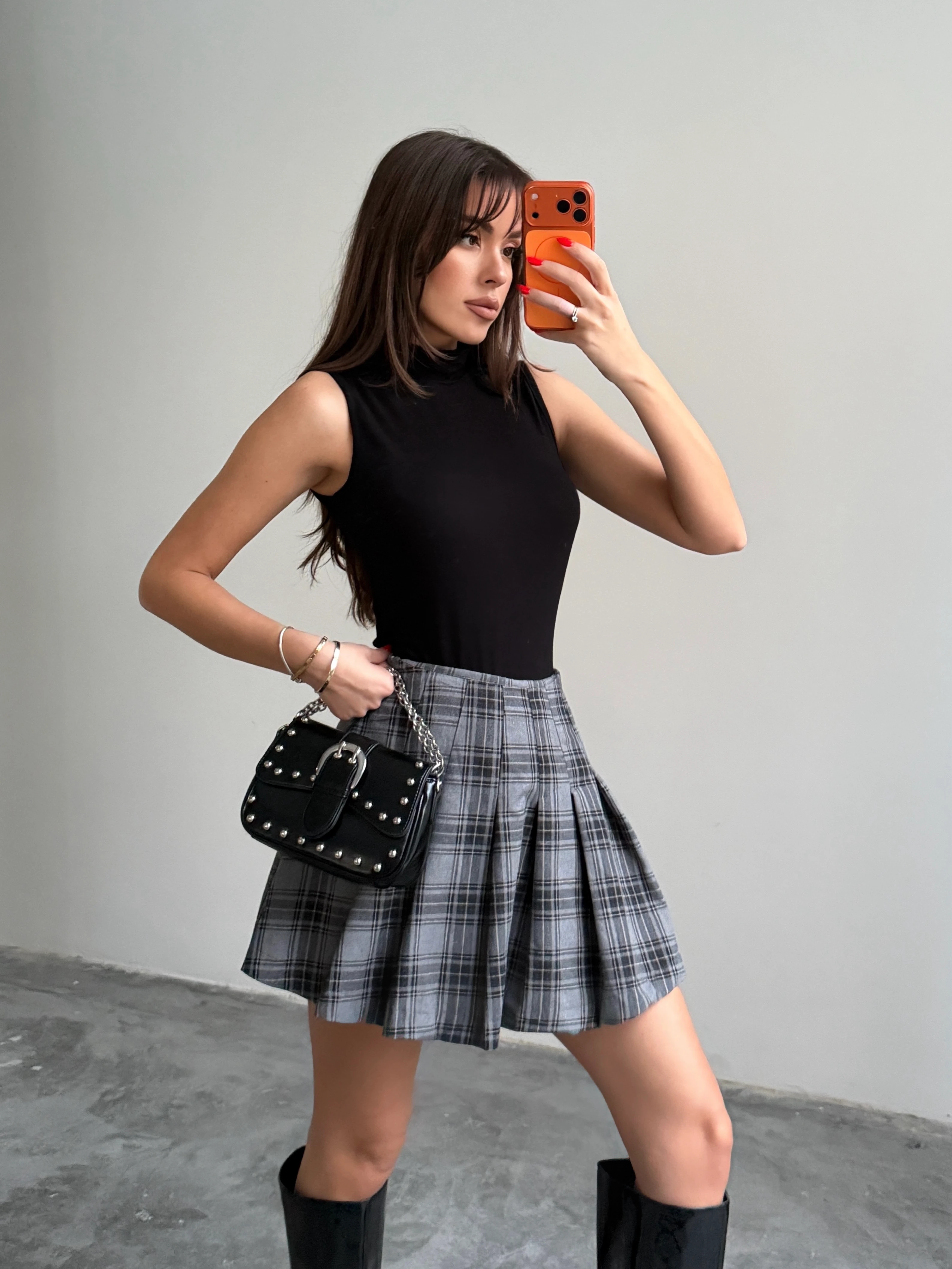 Pileli Ekose Mini Etek - Gri