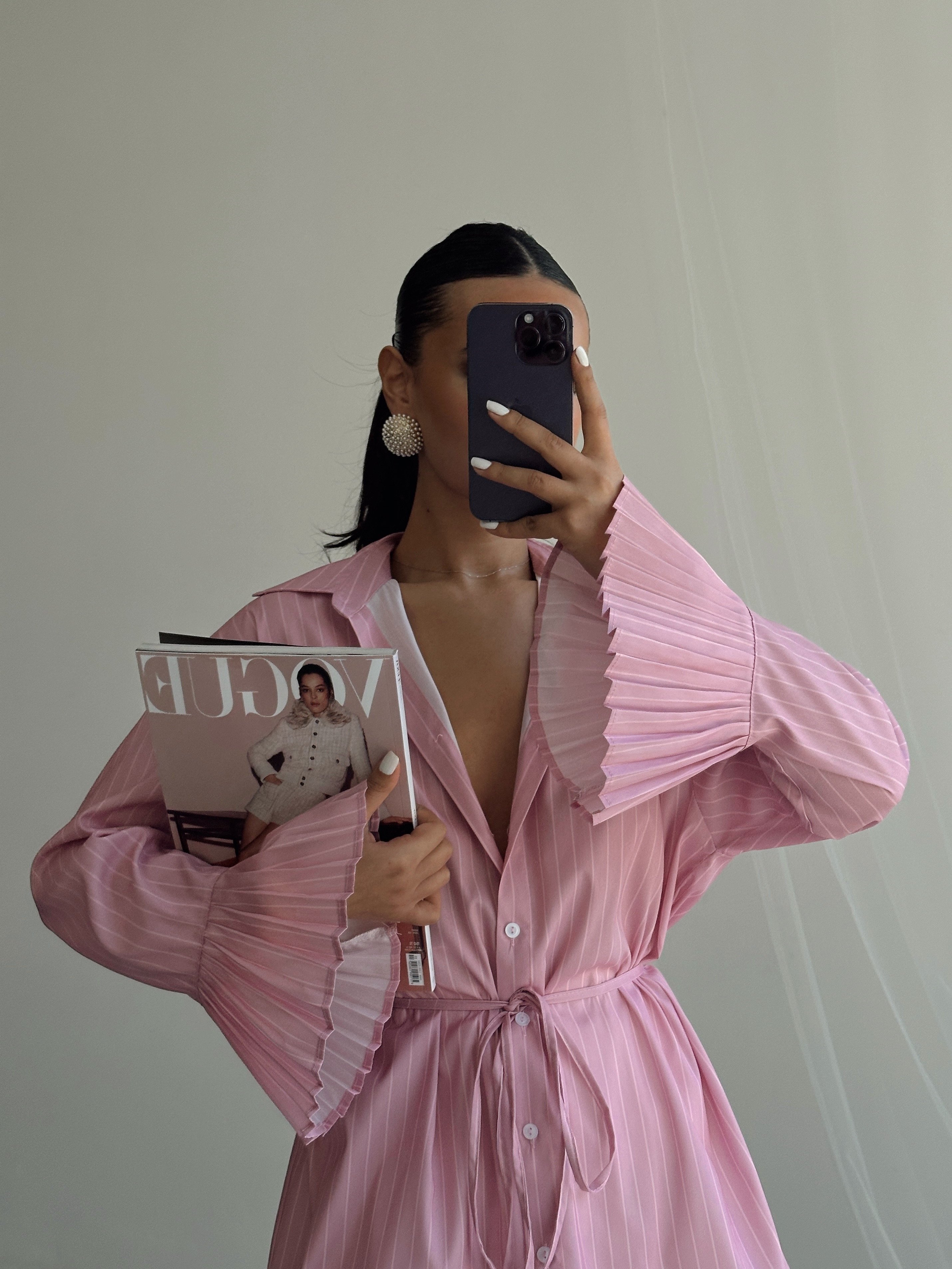Kolu Piliseli Çizgili Gömlek - Pembe
