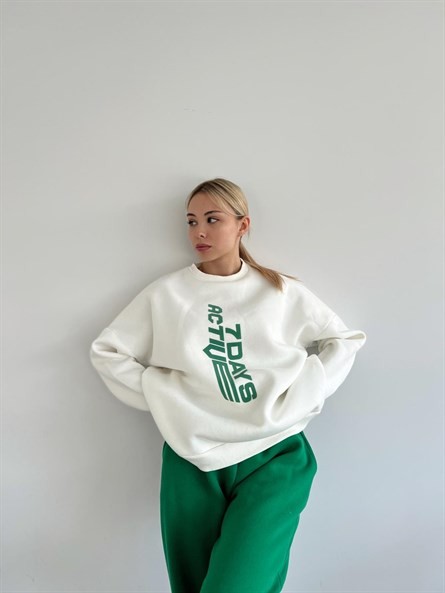 Active 3 İplik Şardonlu Oversize Sweatshirt Beyaz