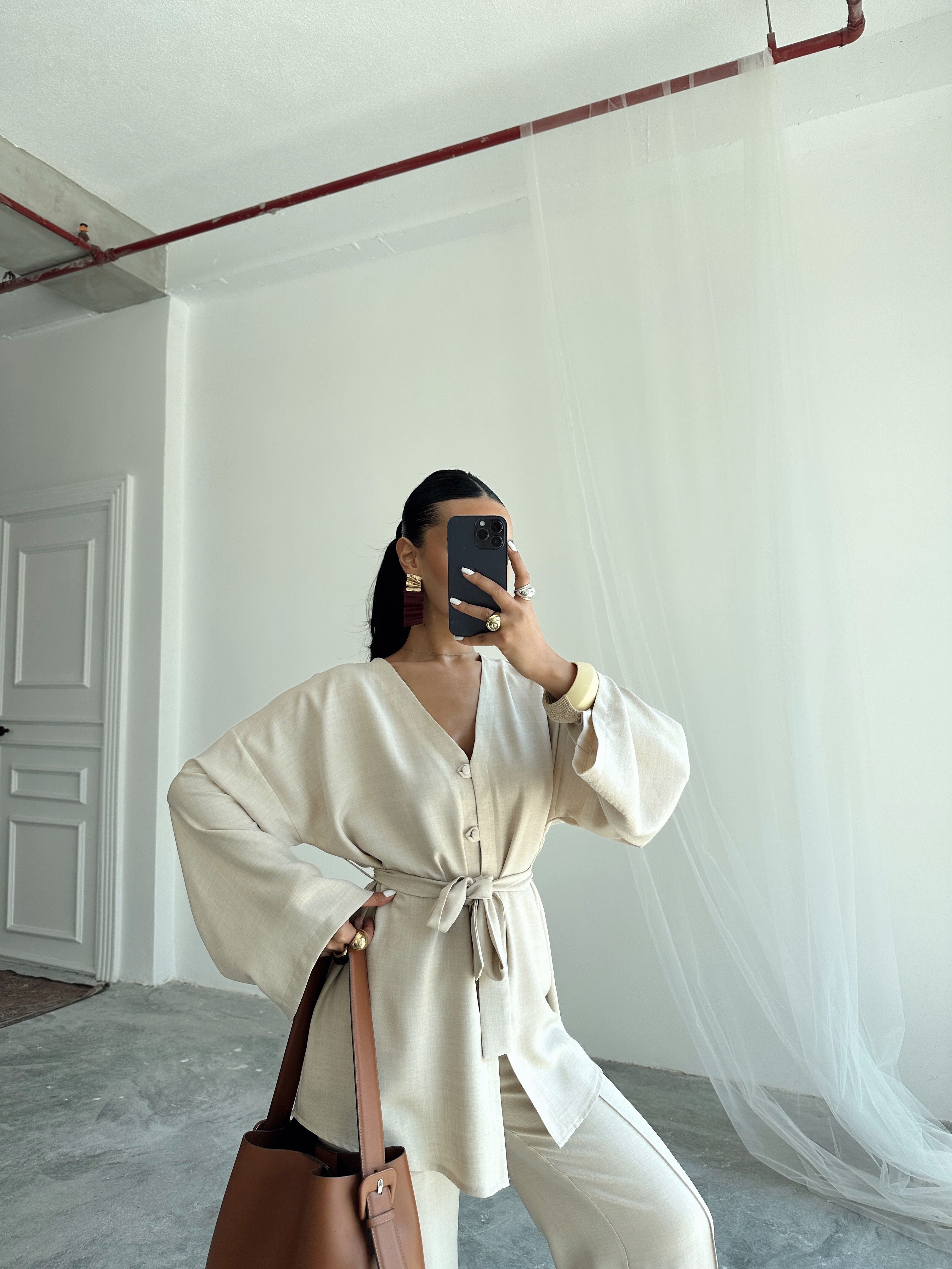 Düğme Detay Kuşaklı Kimono Takım - Krem