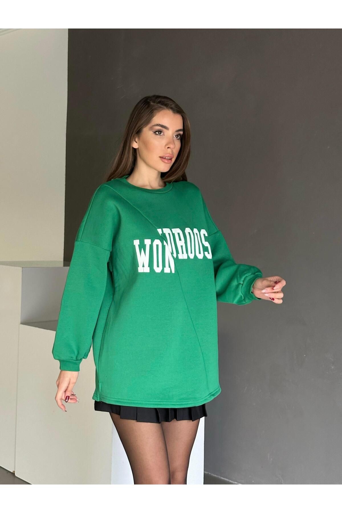 Wondroos Yan Yırtmaç Oversize Sweatshirt Yeşil