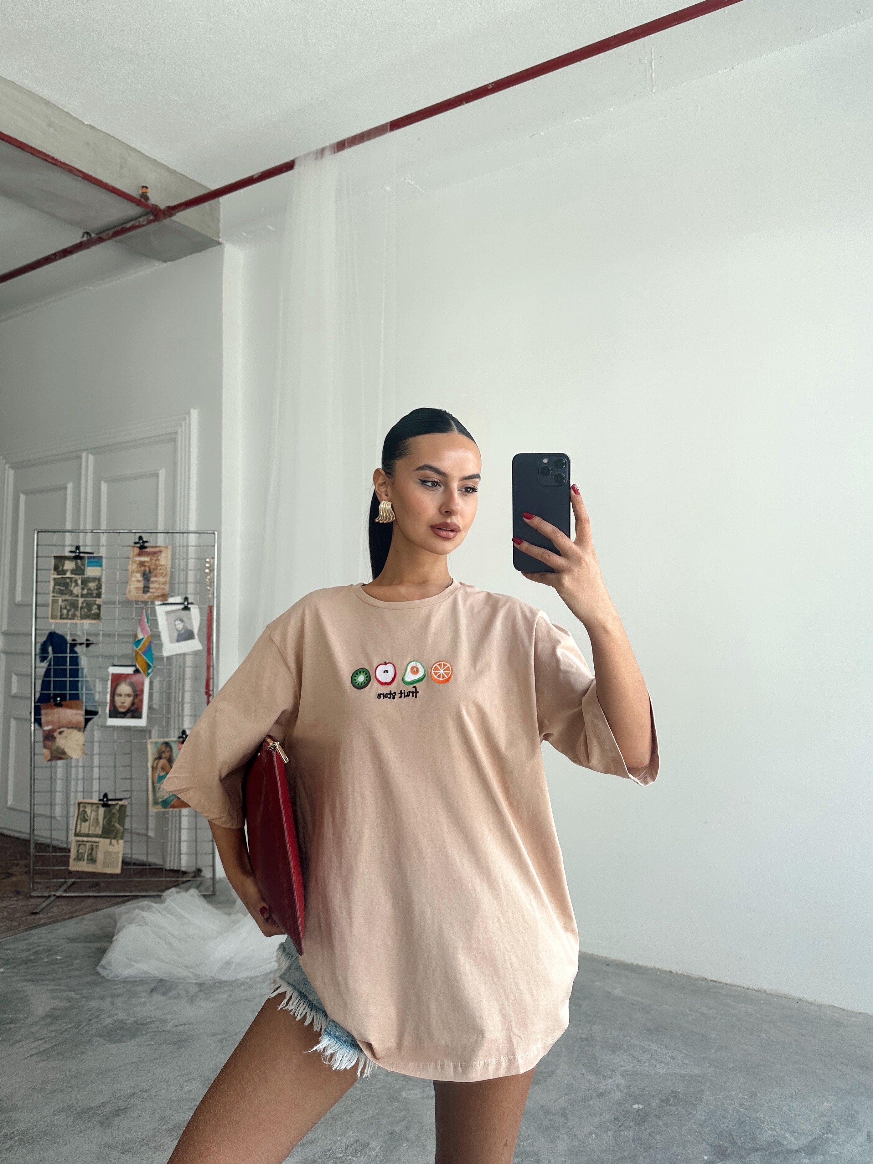 Fruit Nakış Basic T-shirt Vizon