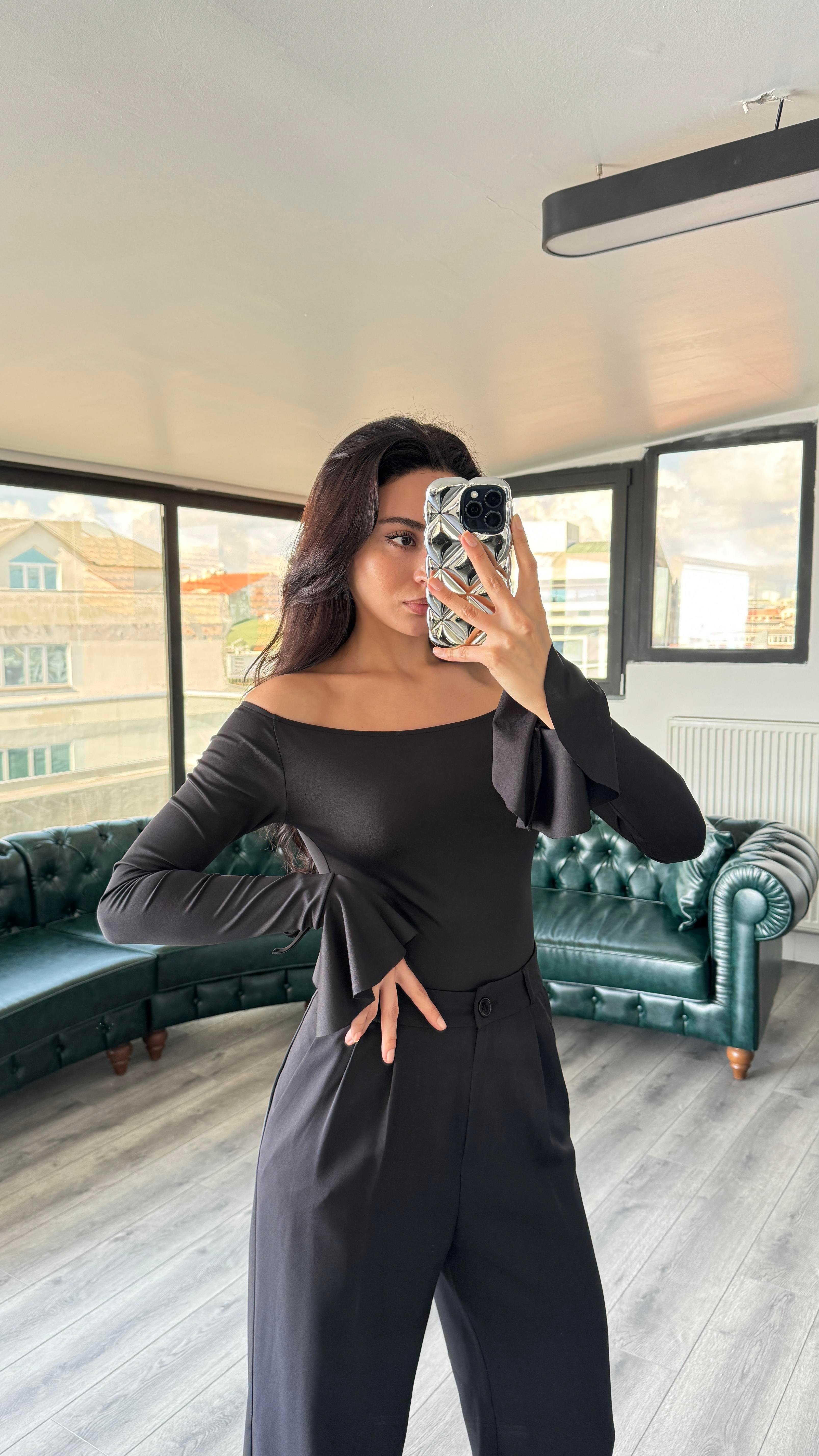 Kollar Bağcıklı Bodysuit Füme