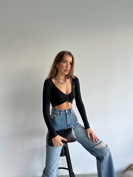 Be Happy Ön Burgu Croptop Siyah