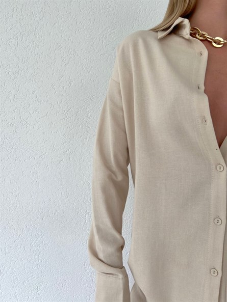 Valeria Oversize Keten Gömlek Bej