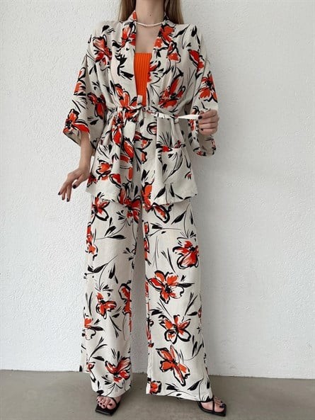 Flora Keten Bağlamalı Kimono Turuncu