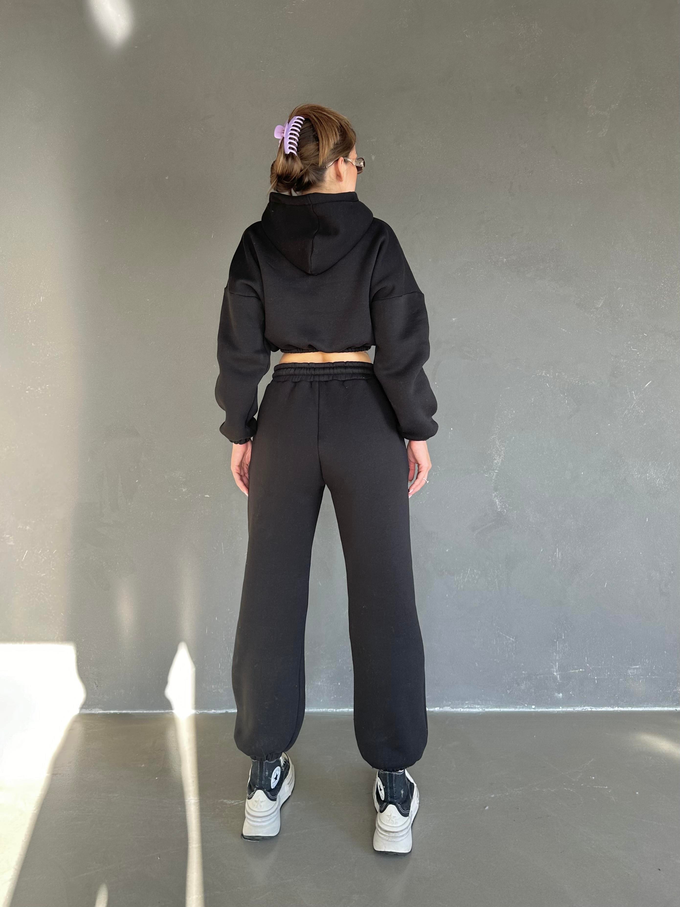 Kapüşonlu Crop Sweat Jogger Eşofman Takım Siyah