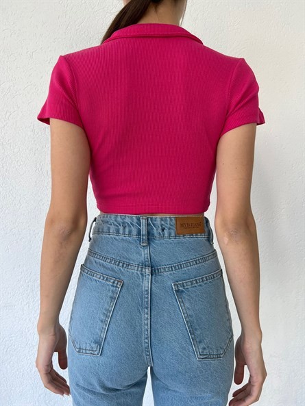Polo Yaka Kaşkorse Crop Pembe