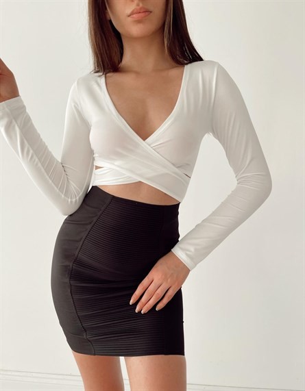 Ön Çapraz Kruvaze Crop Bluz Beyaz