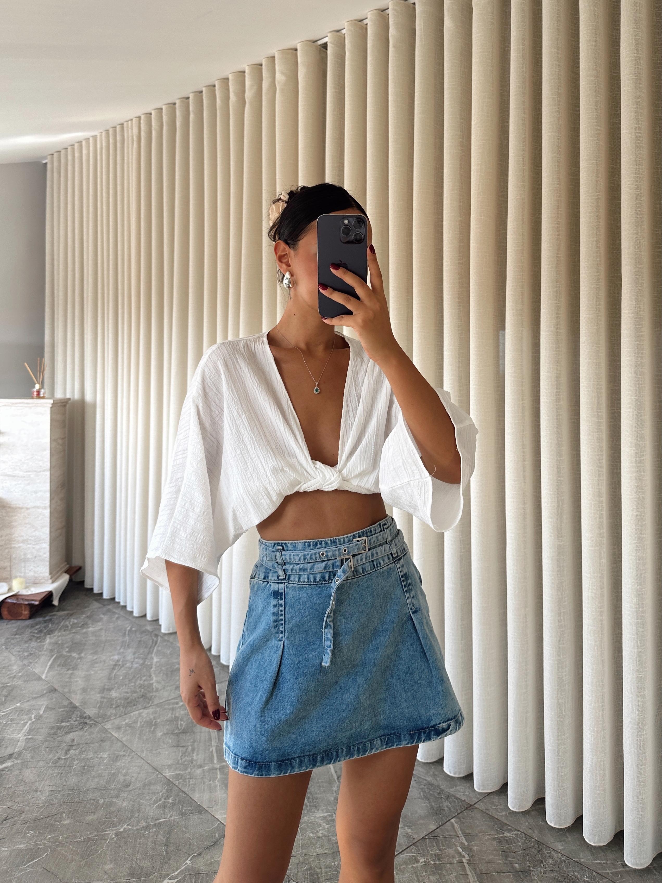 Pileli Denim Etek Mavi