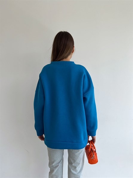 Wellness İşleme Nakışlı Oversize 3 İplik Şardonlu Sweatshirt Mavi