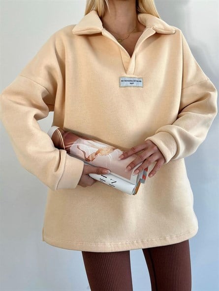 Polo Yaka Etiket Detay Sweatshirt Bej