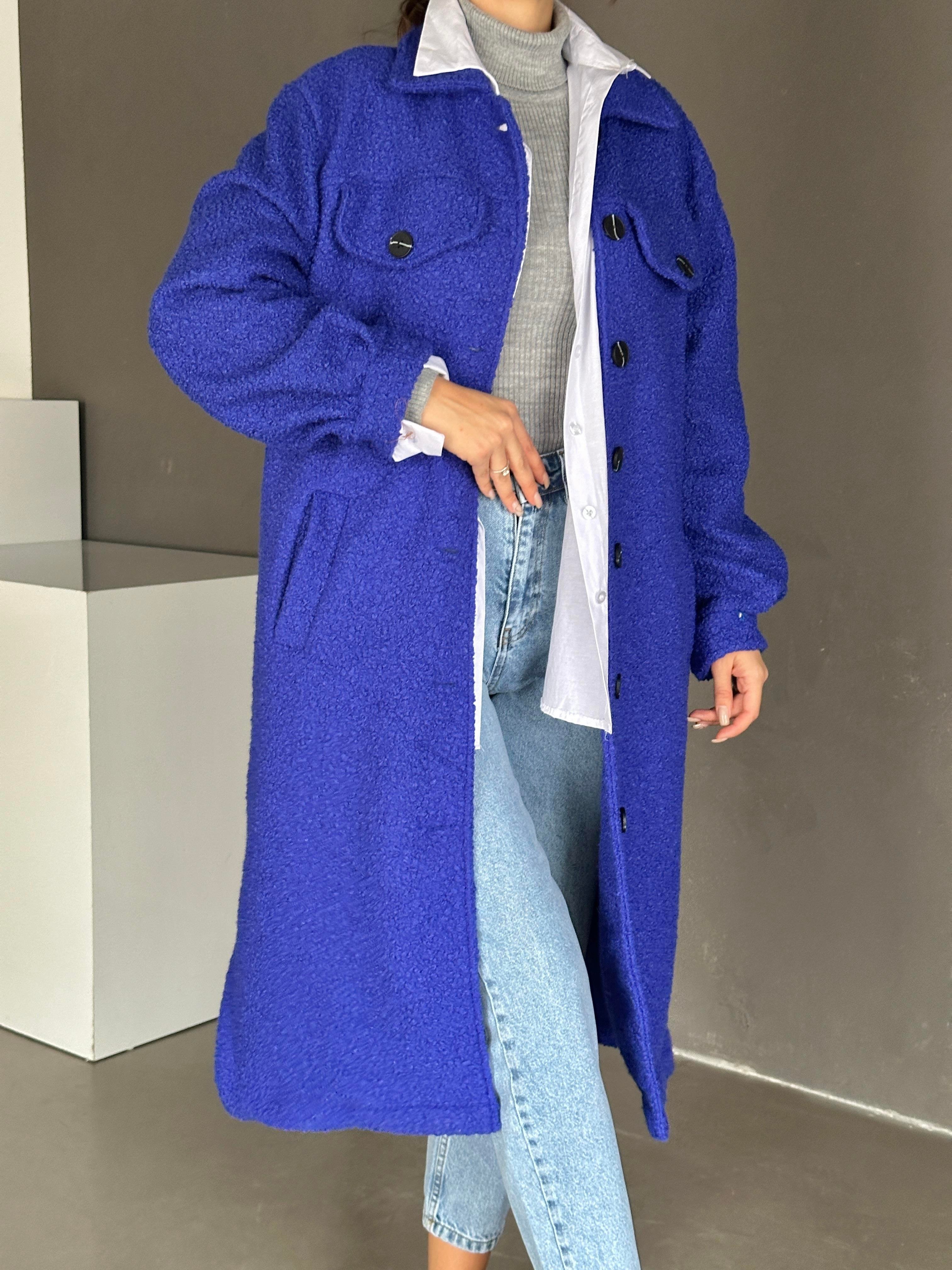 Çift Cep Oversize Buklet Kaban Saks Mavi