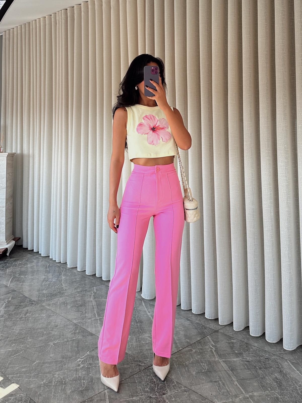 Ön Dikiş Boru Paça Kumaş Pantolon - Pembe