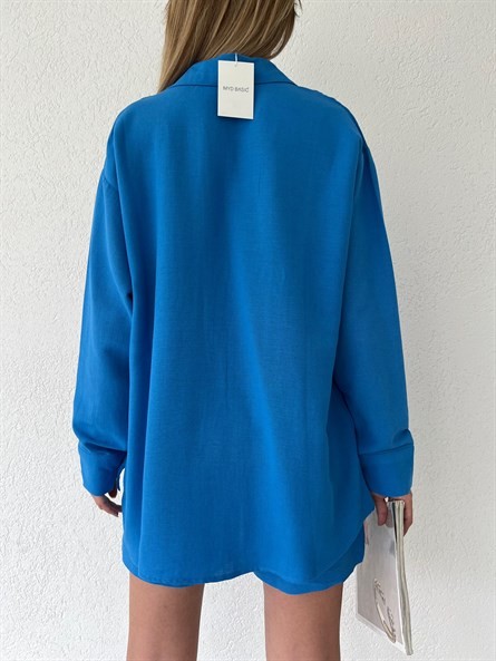 Valeria Oversize Keten Gömlek Mavi