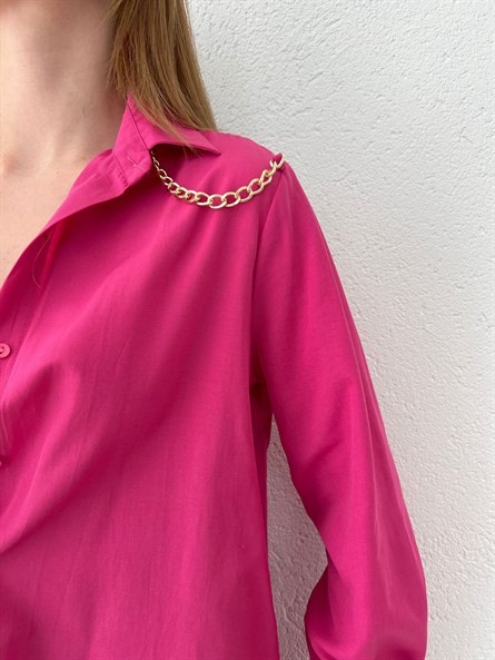 Zincir Apolet Oversize Poplin Gömlek Pembe