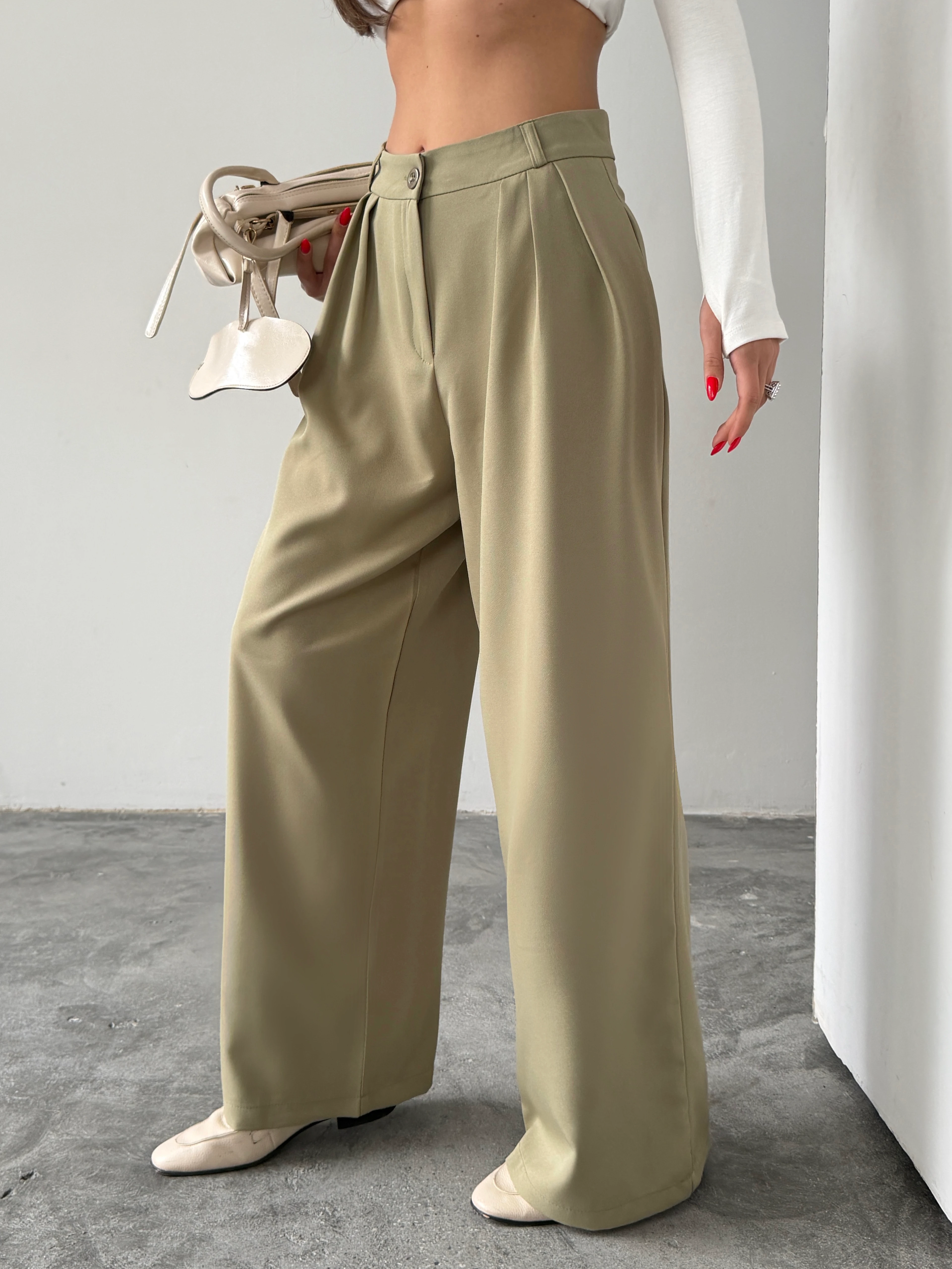 Üç Pile Palazzo Pantolon - Çağla Yeşili