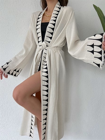 Kol Püskül Etnik Uzun Keten Kimono Ekru