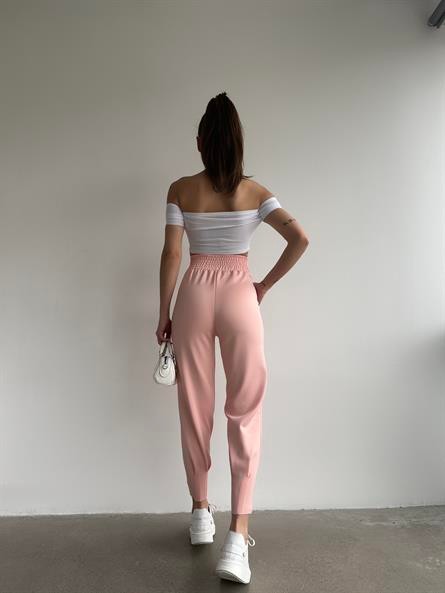 Bel Lastik Pliseli Scuba Jogger Eşofman Pudra Pembe