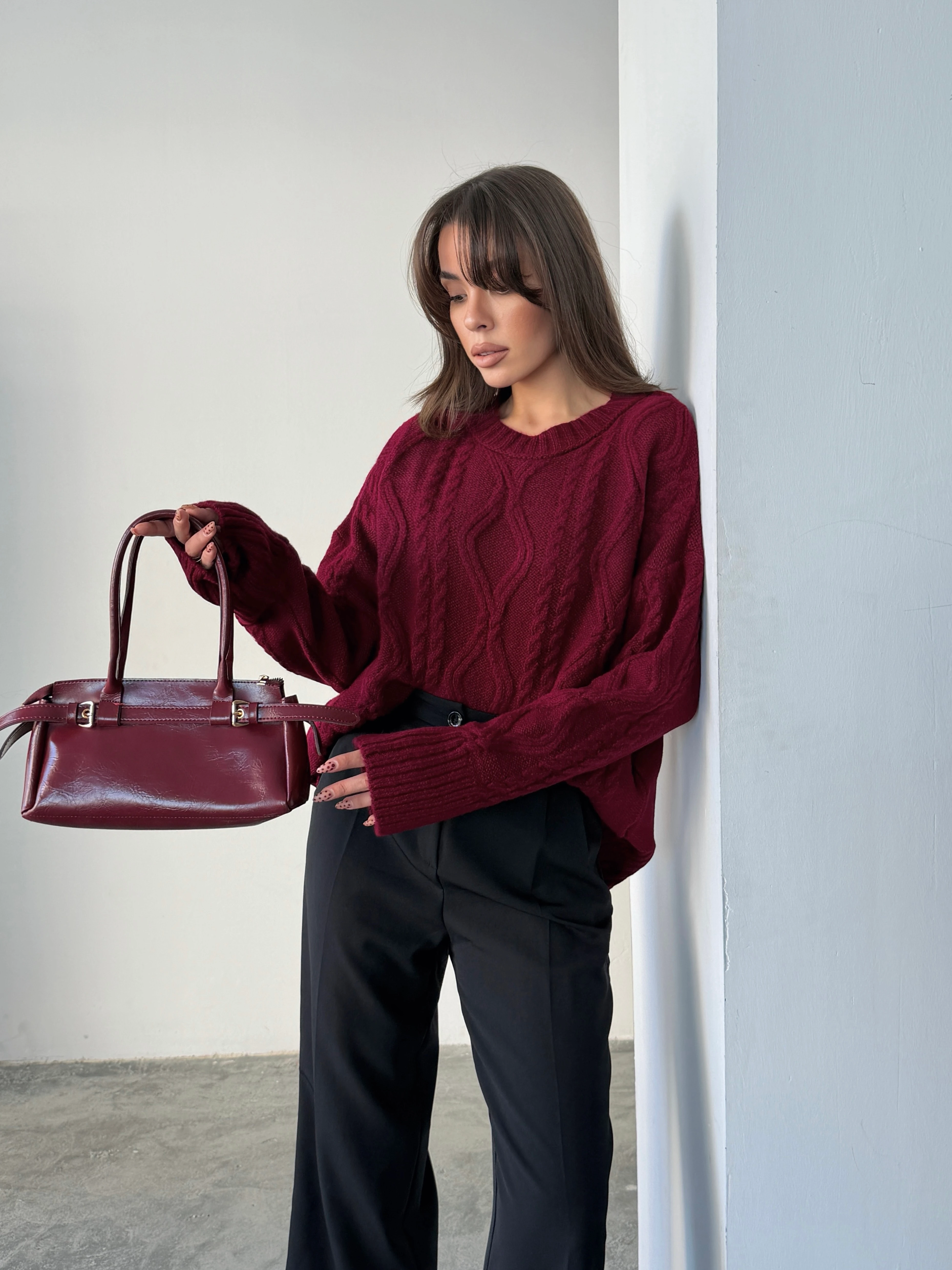 Saç Örgü Desenli Yıkamalı Triko - Bordo