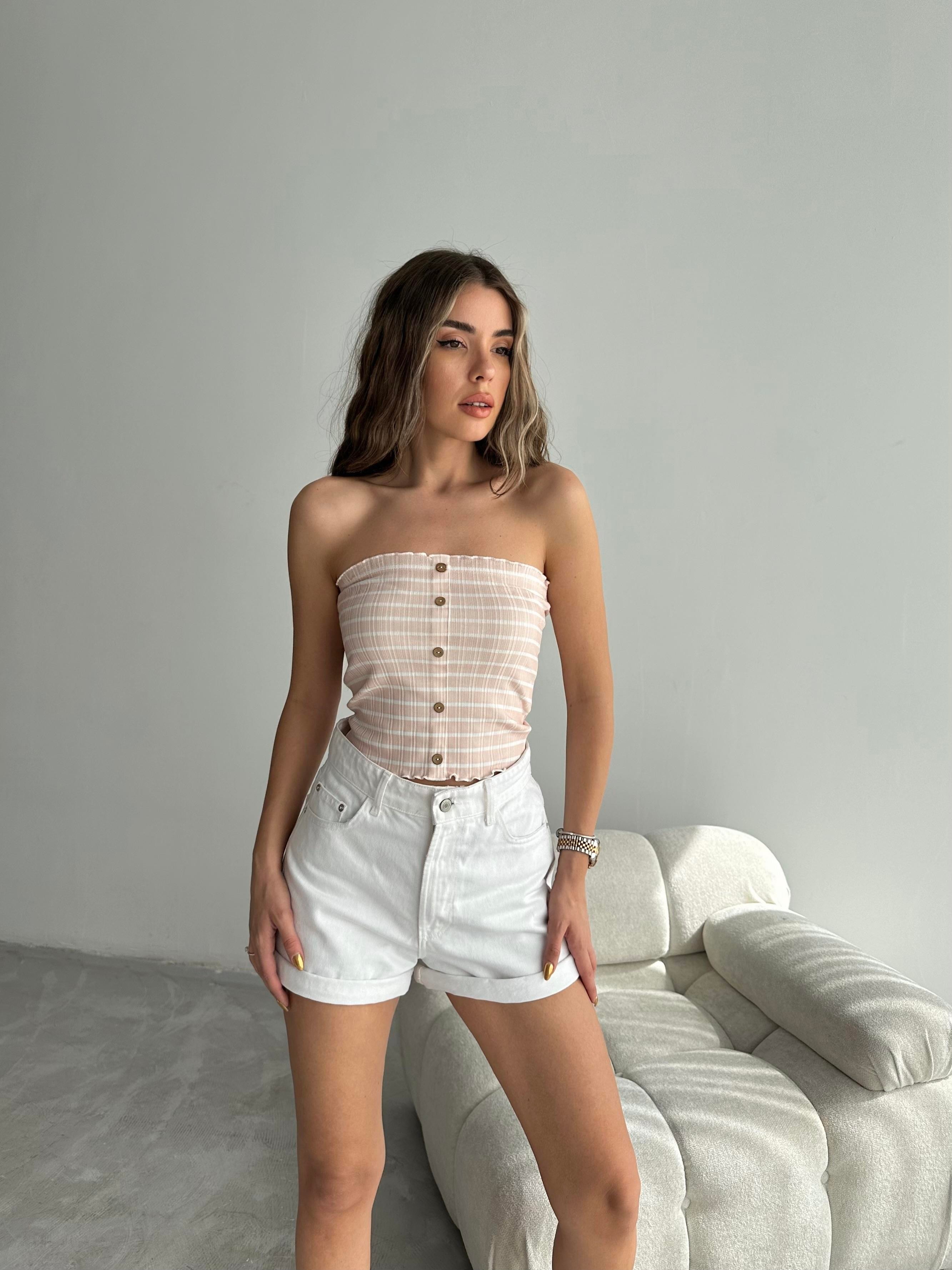 Düğmeli Straplez Crop Pudra Pembe