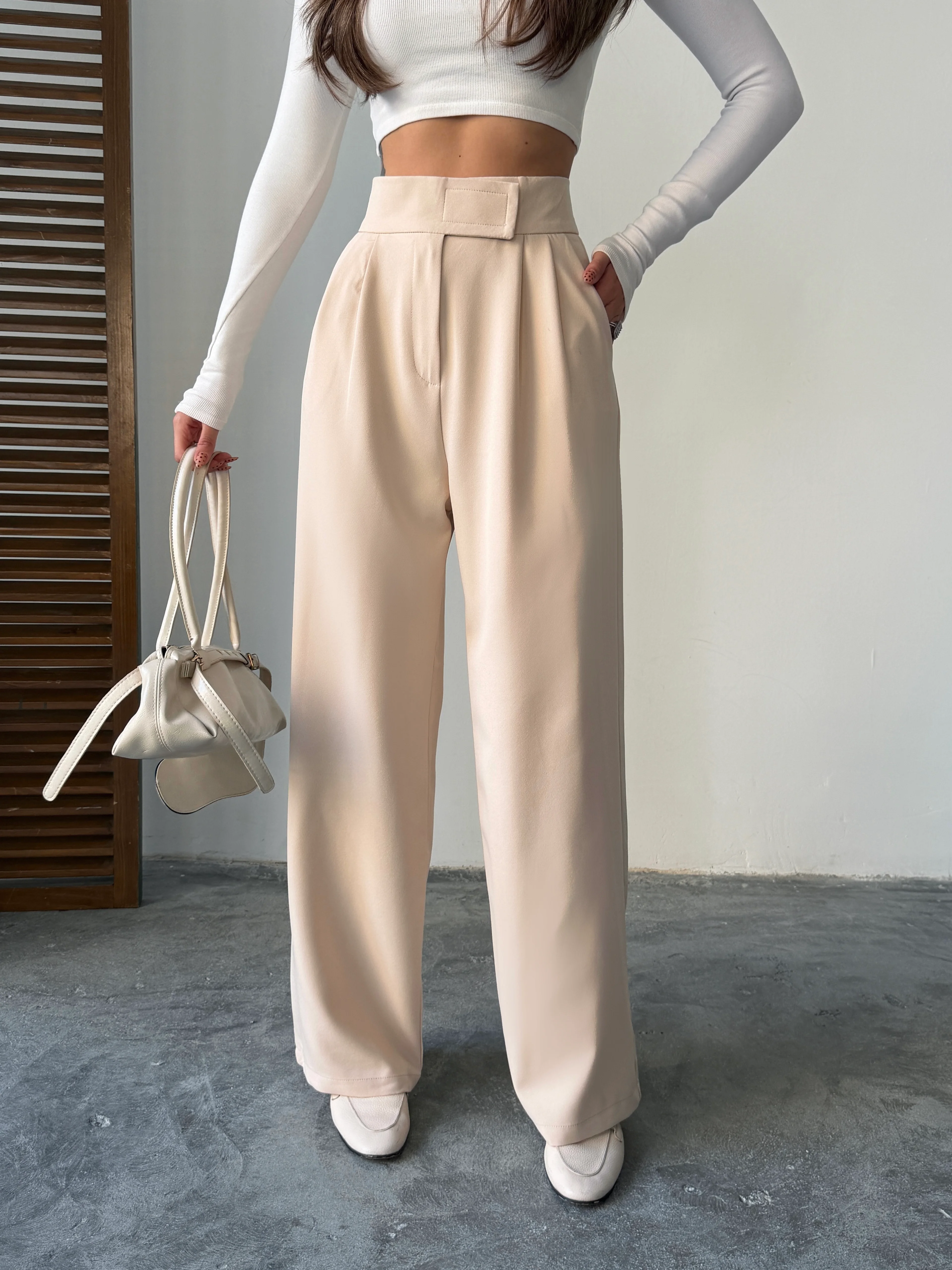 Bel Cırtlı Palazzo Pantolon  - Taş