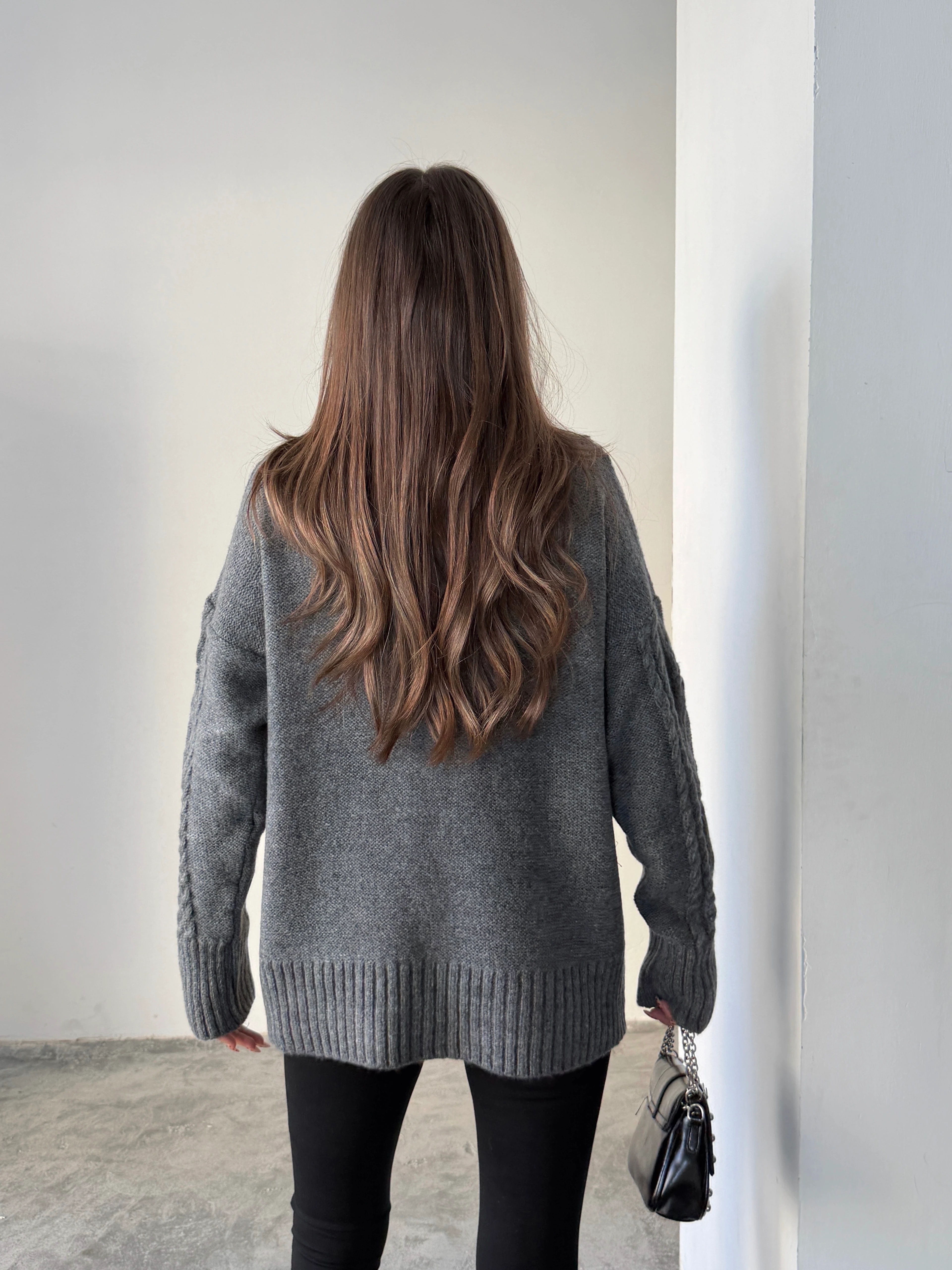 Saç Örgü Desenli Yıkamalı Triko - Antrasit