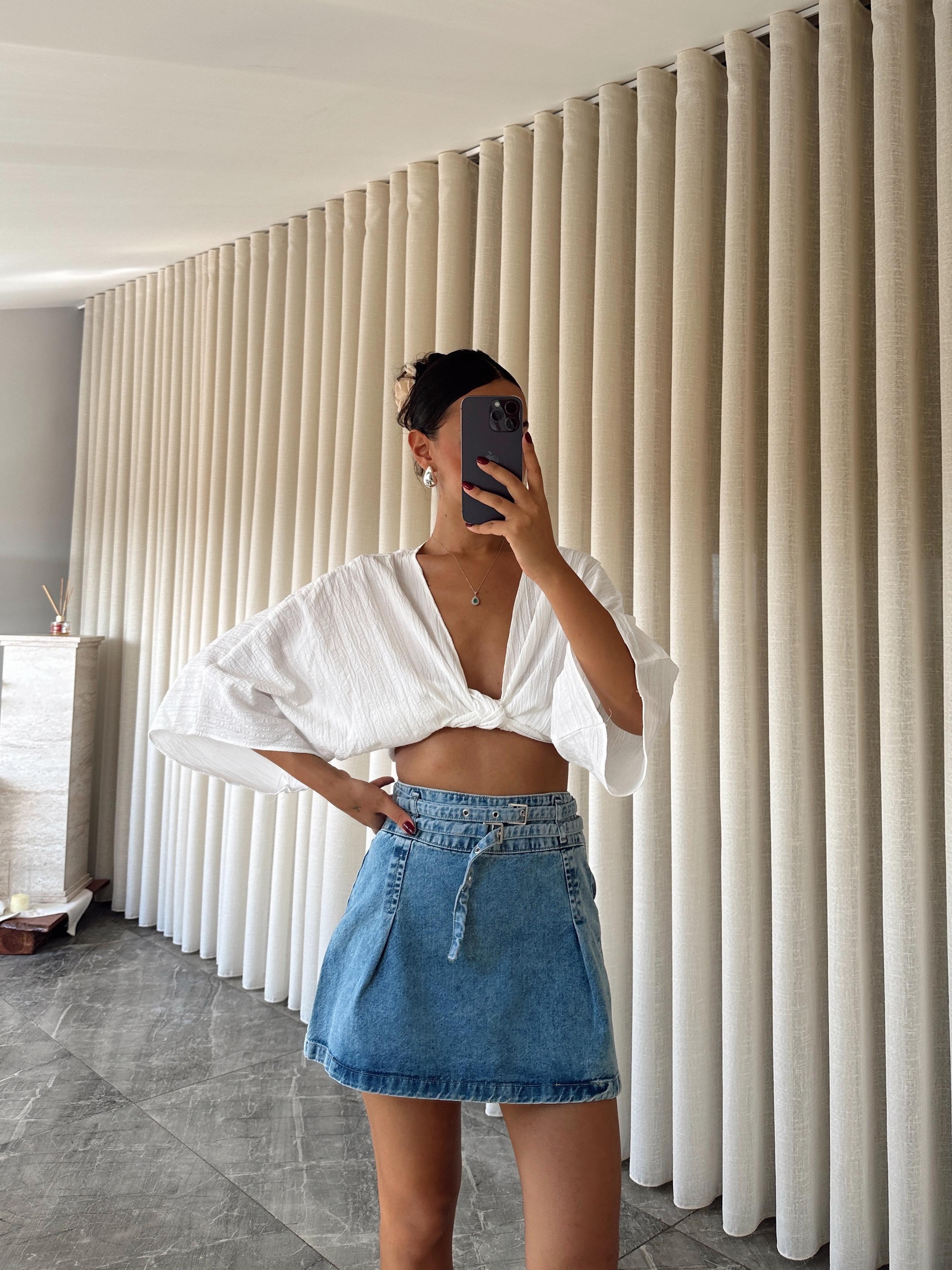 Pileli Denim Etek Mavi