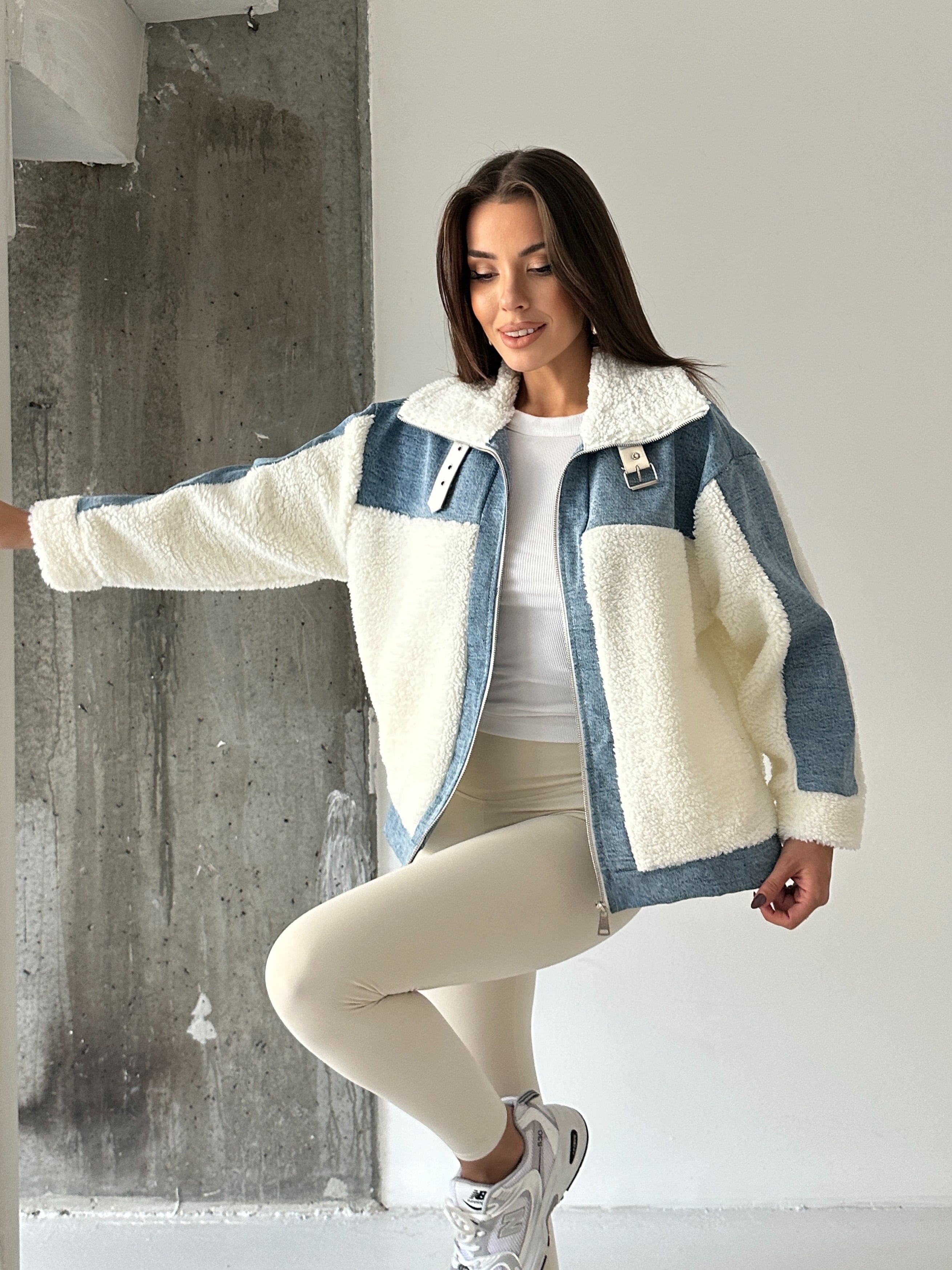 Denim Detaylı Peluş Mont
