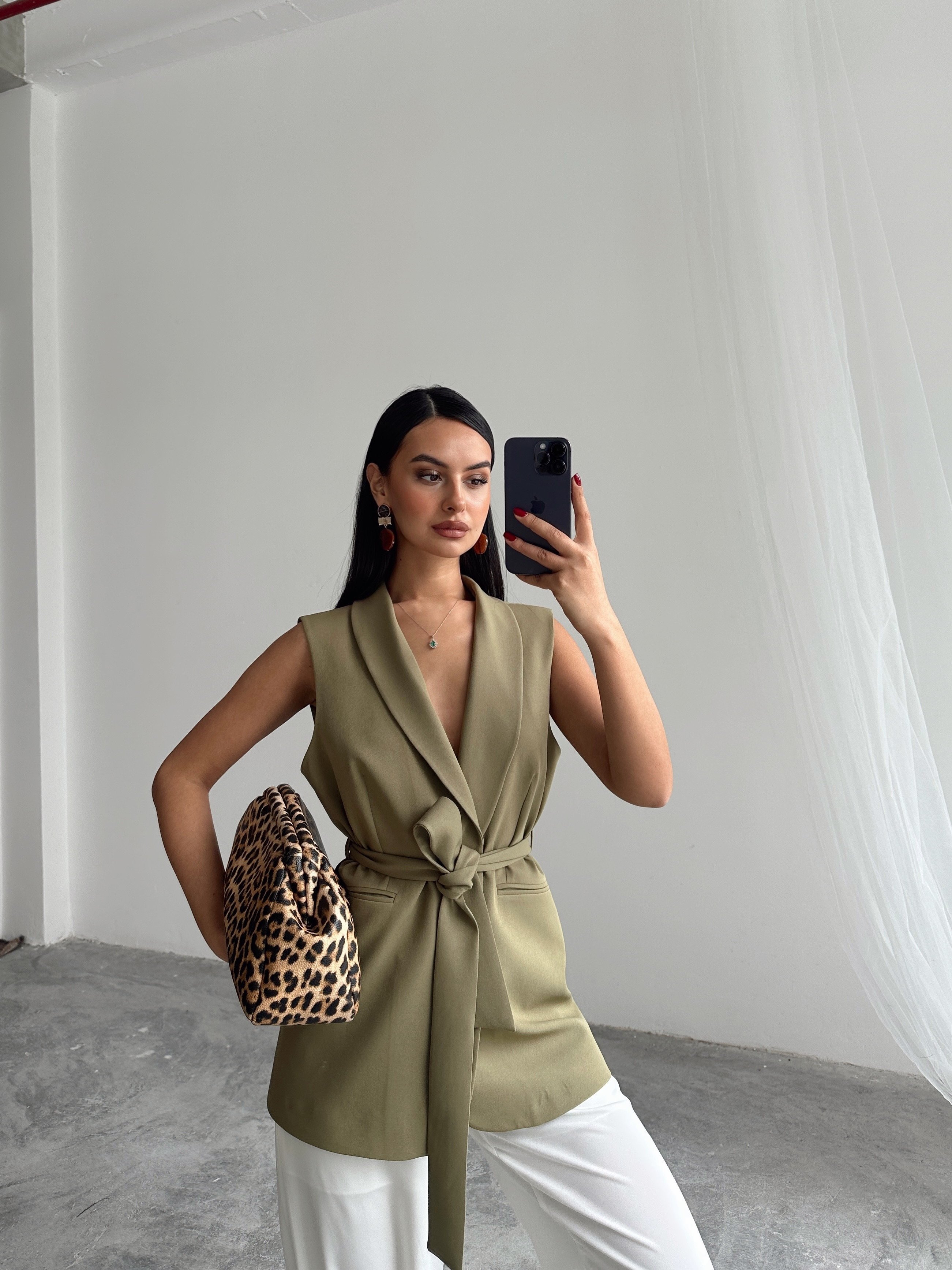 Bağlamalı Blazer Yelek  - Khaki