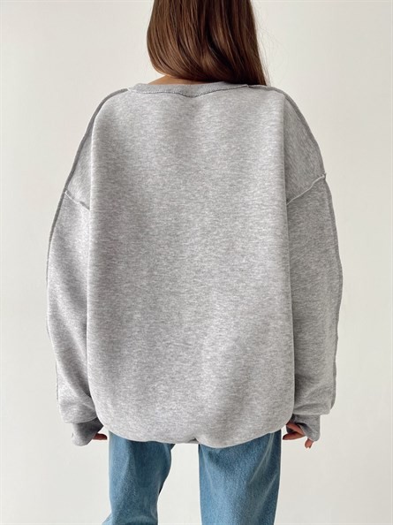 Dikiş Detay Şardonlu Oversize Sweat Gri