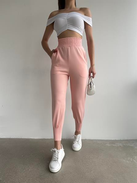 Bel Lastik Pliseli Scuba Jogger Eşofman Pudra Pembe