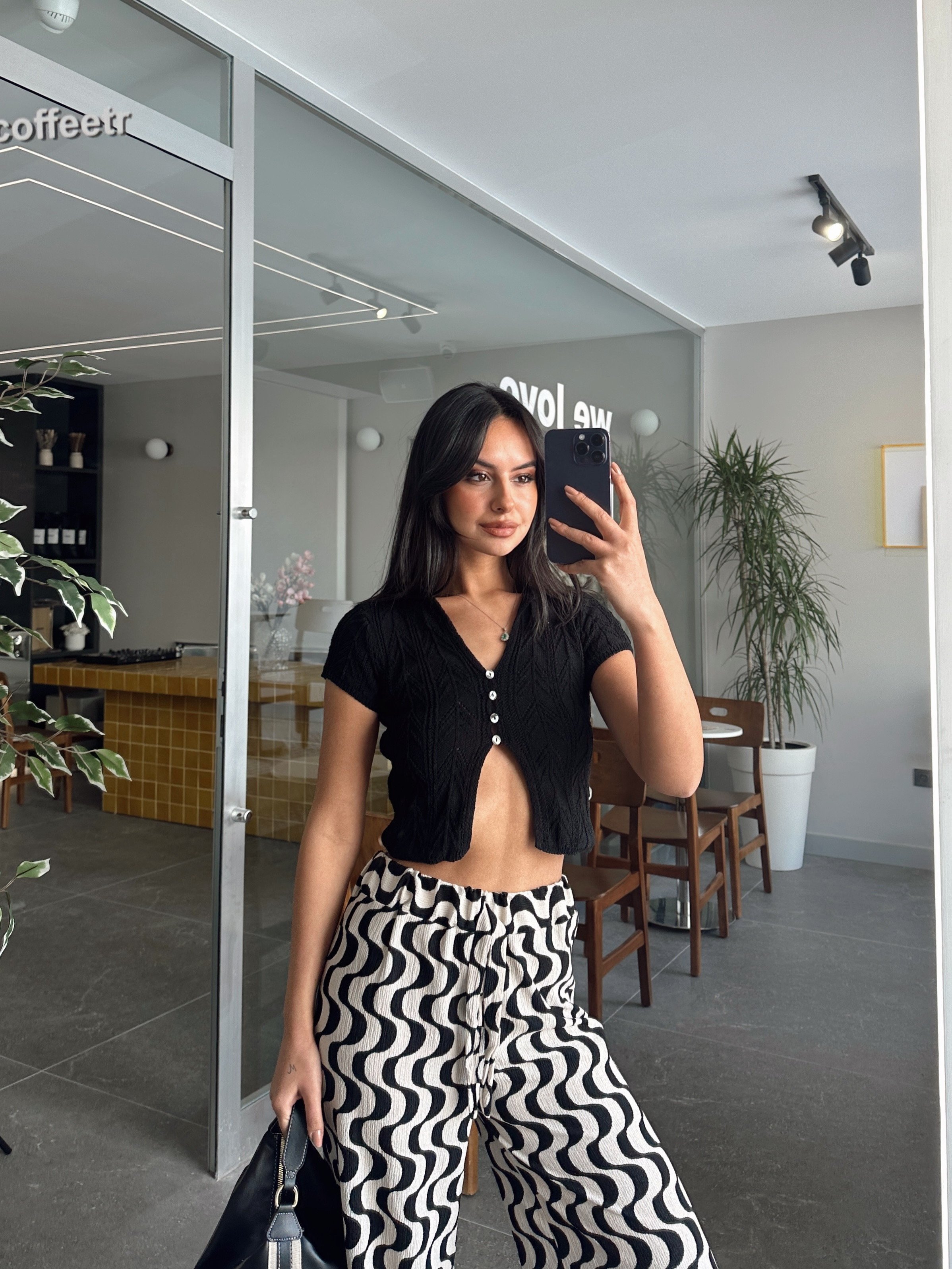 Polo Yaka Düğmeli Triko Bluz - Black