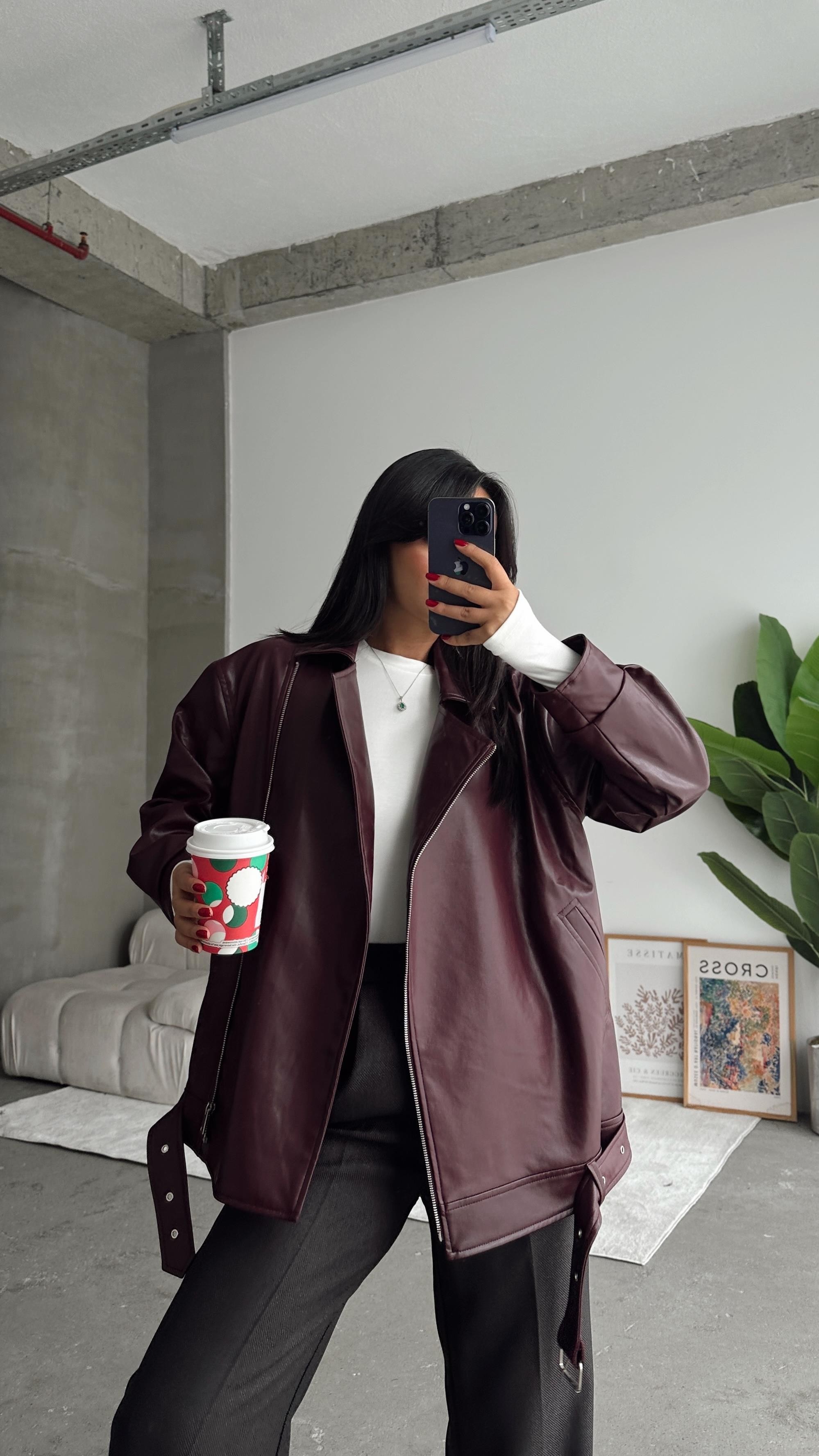 Kemerli Oversize Deri Ceket Bordo