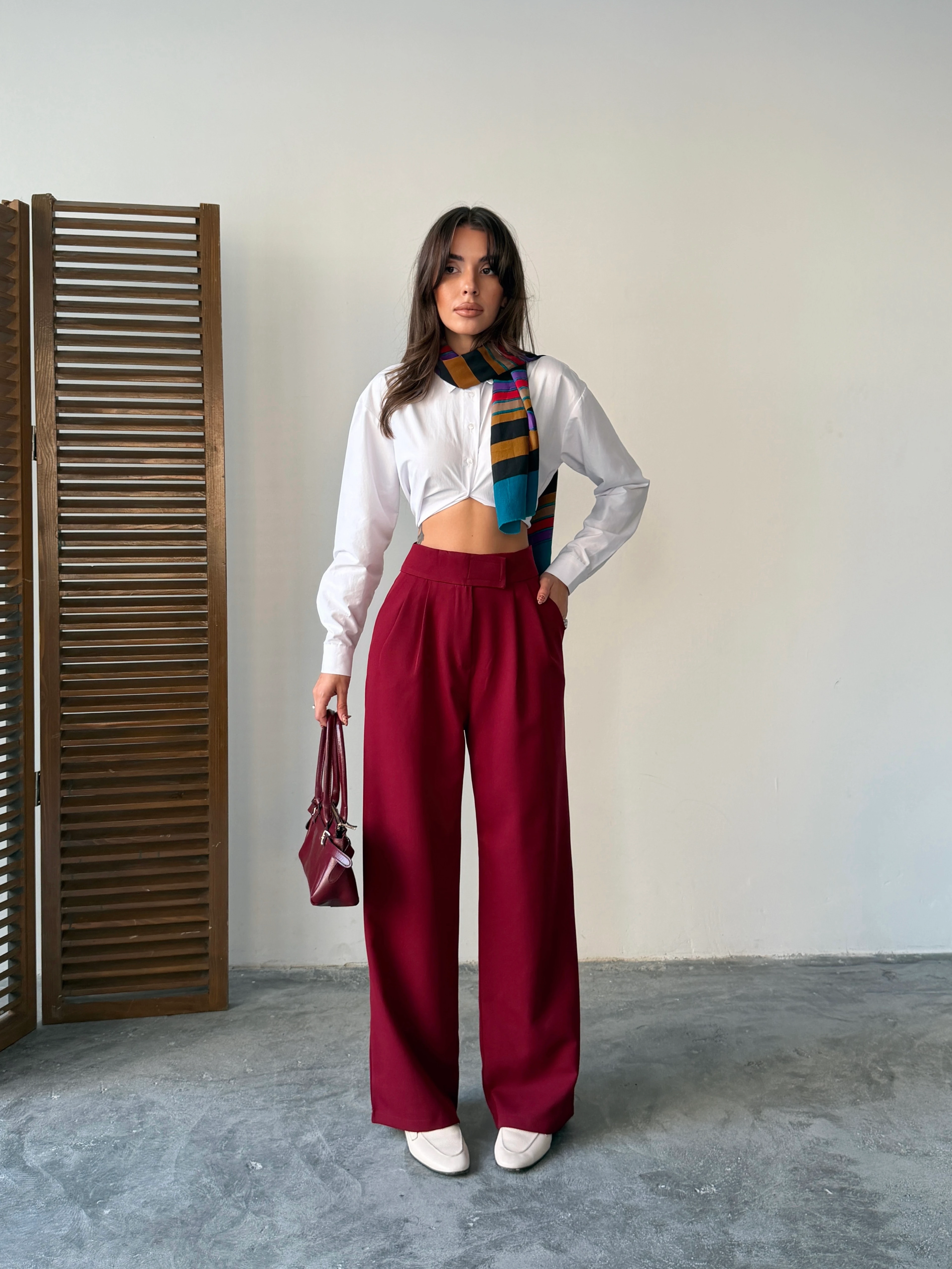 Bel Cırtlı Palazzo Pantolon  - Bordo