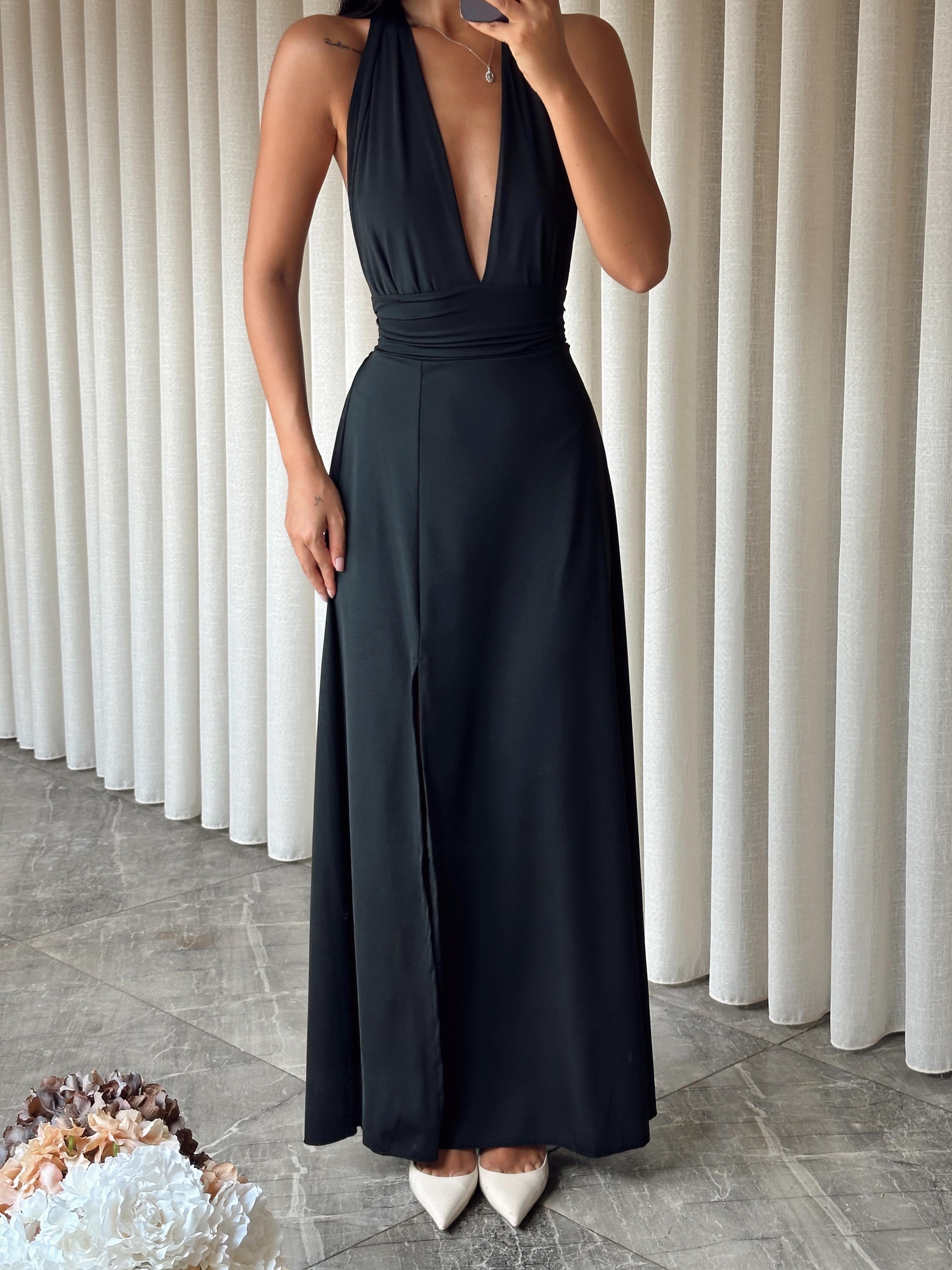 Bel Ve Boyun Bağlamalı Elbise - Black