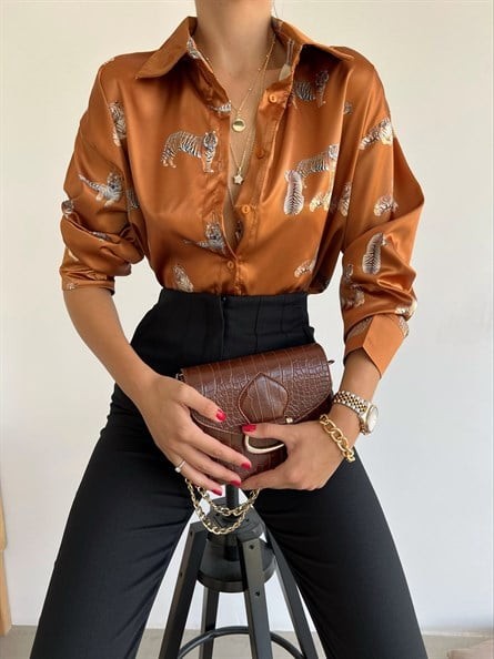 Leopar Oversize Saten Gömlek Taba