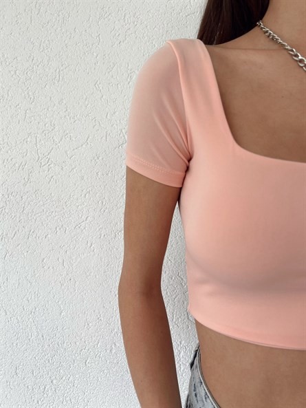 Geniş Yaka Sandy Croptop Pudra Pembe