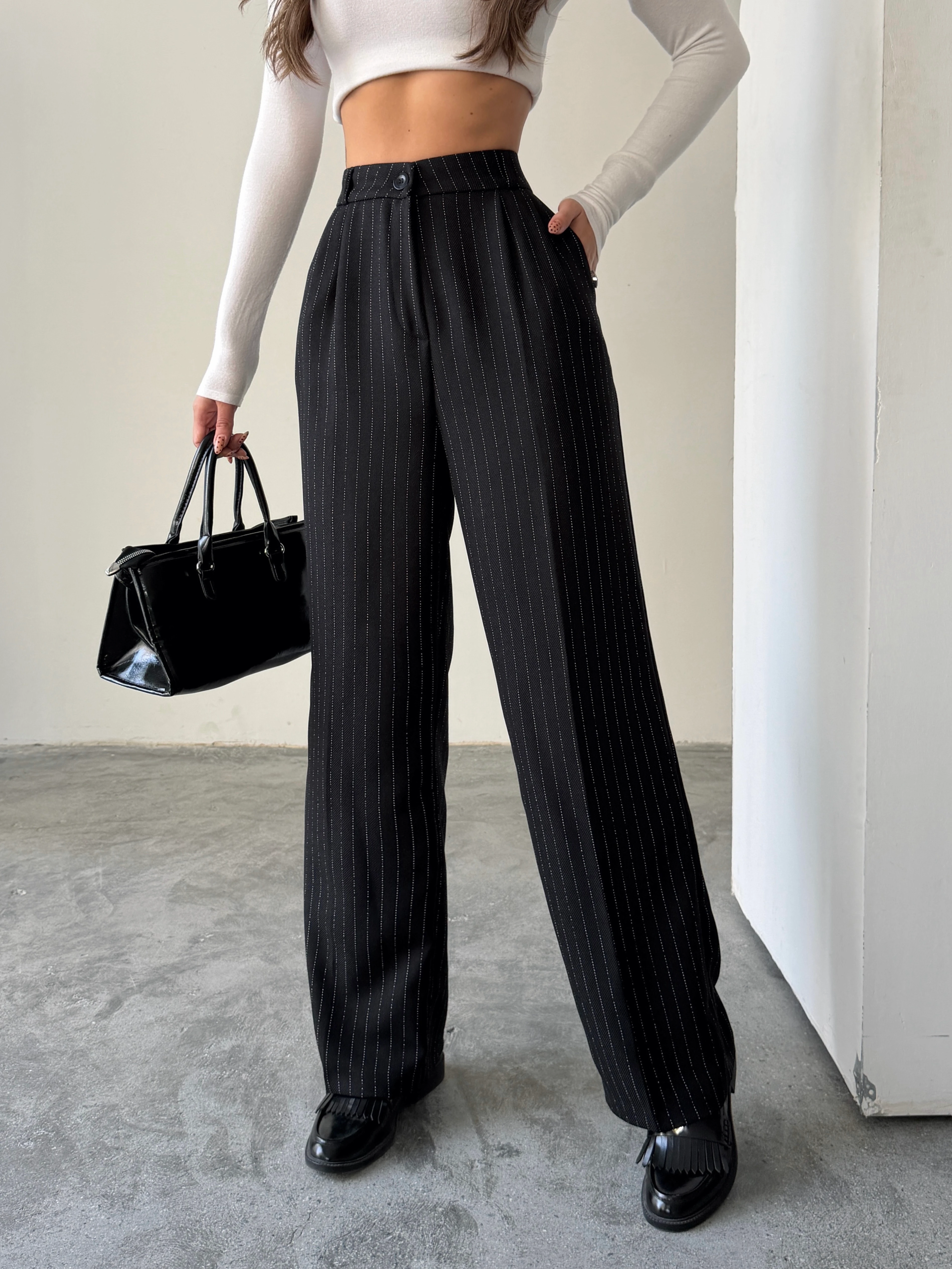 Yünefekt Çizgili Palazzo - Siyah