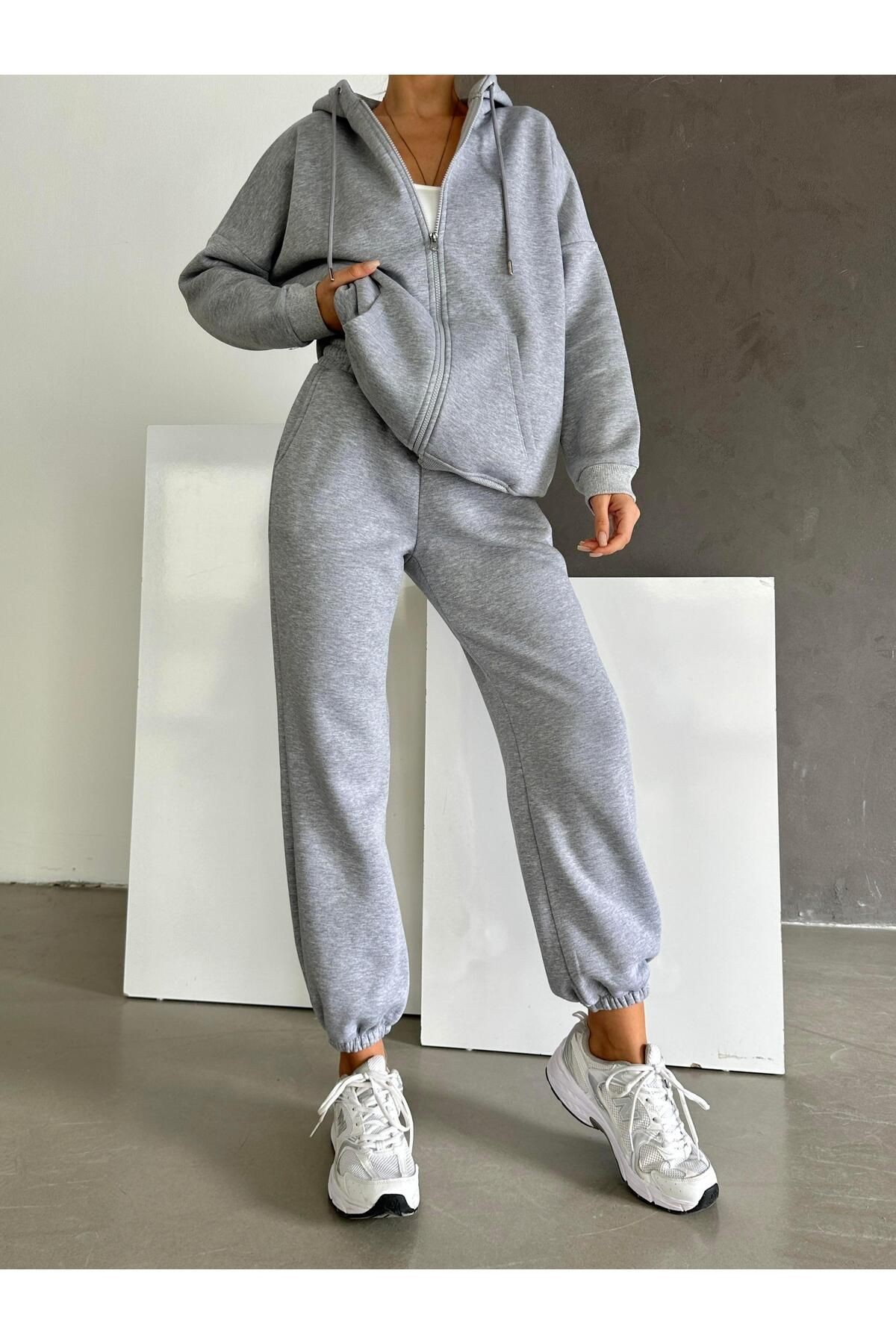 Fermuarlı Sweatshirt Jogger Eşofman Takım Gri