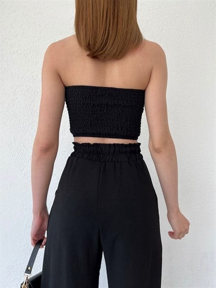 Drapeli Gofre Straplez Crop Siyah