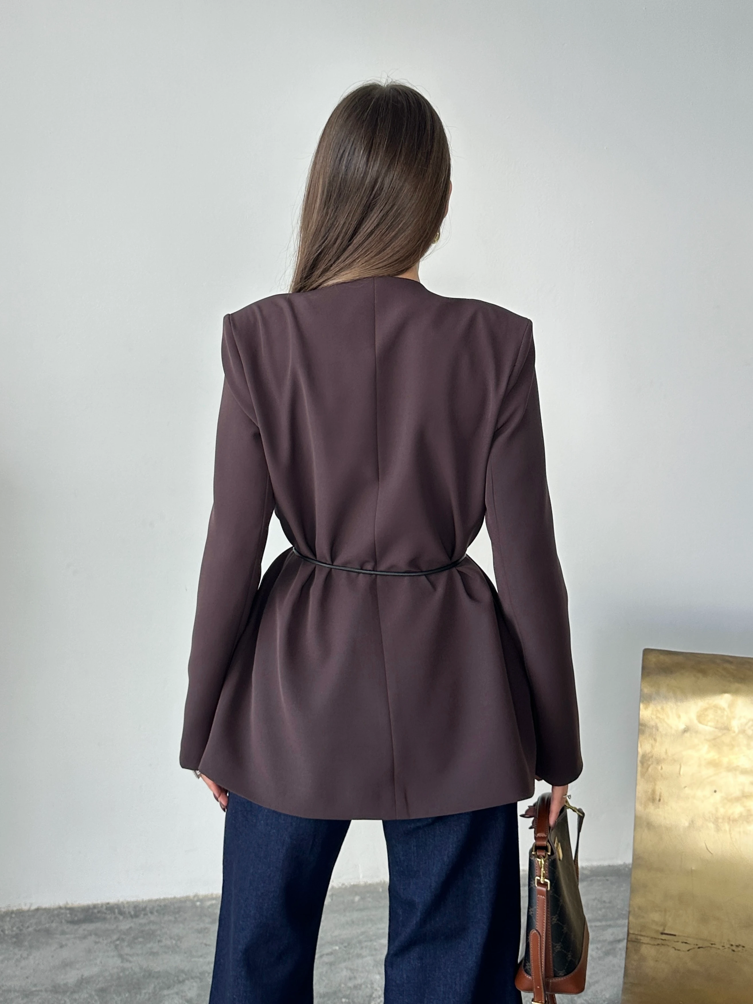 Deri Kemerli Blazer Ceket - Mürdüm