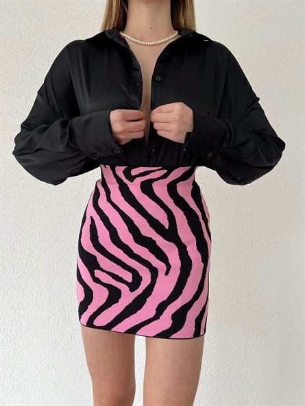 Zebra Desen Triko Etek Pembe-Siyah