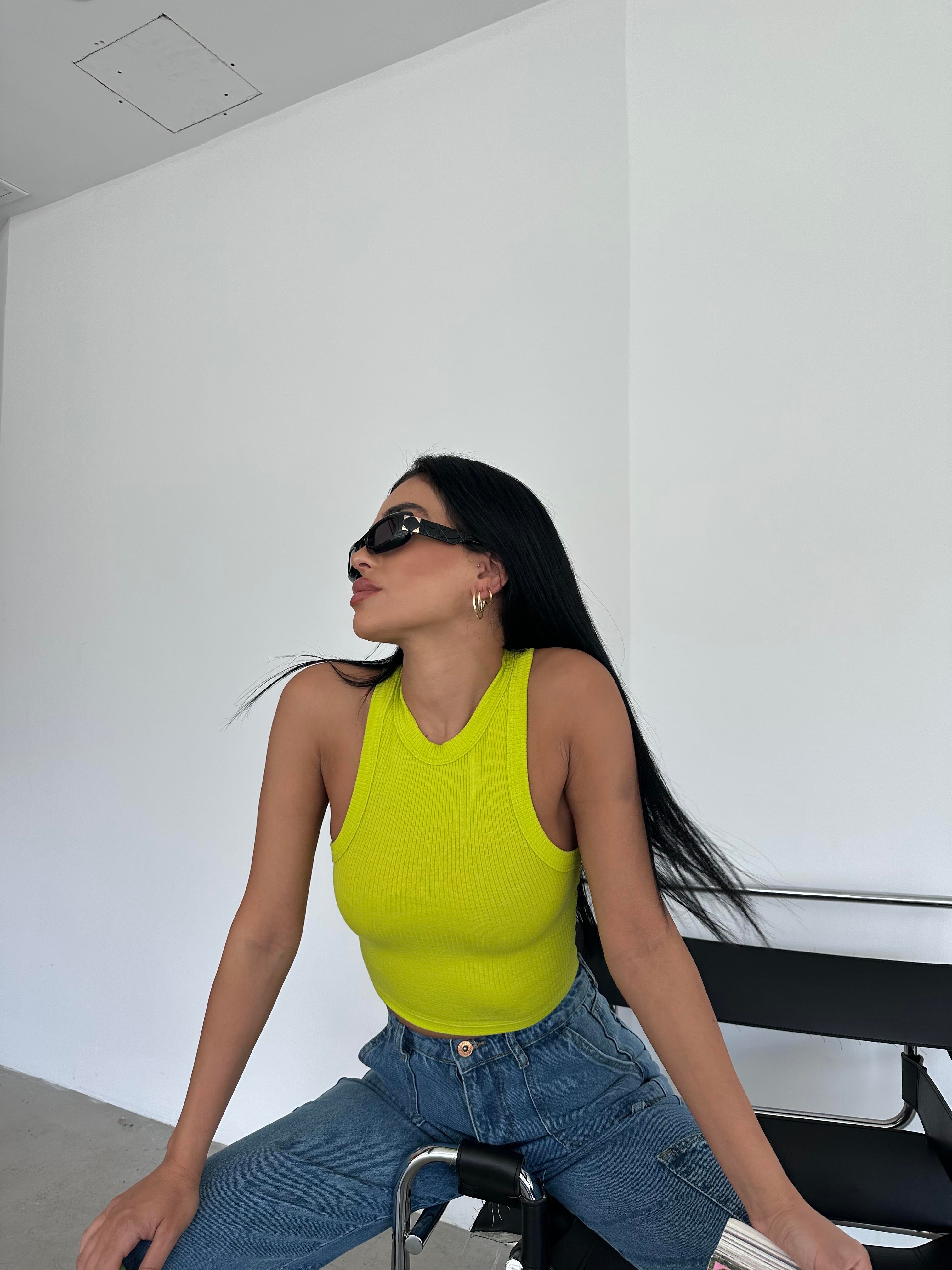 Halter Yaka Fitilli Crop Neon