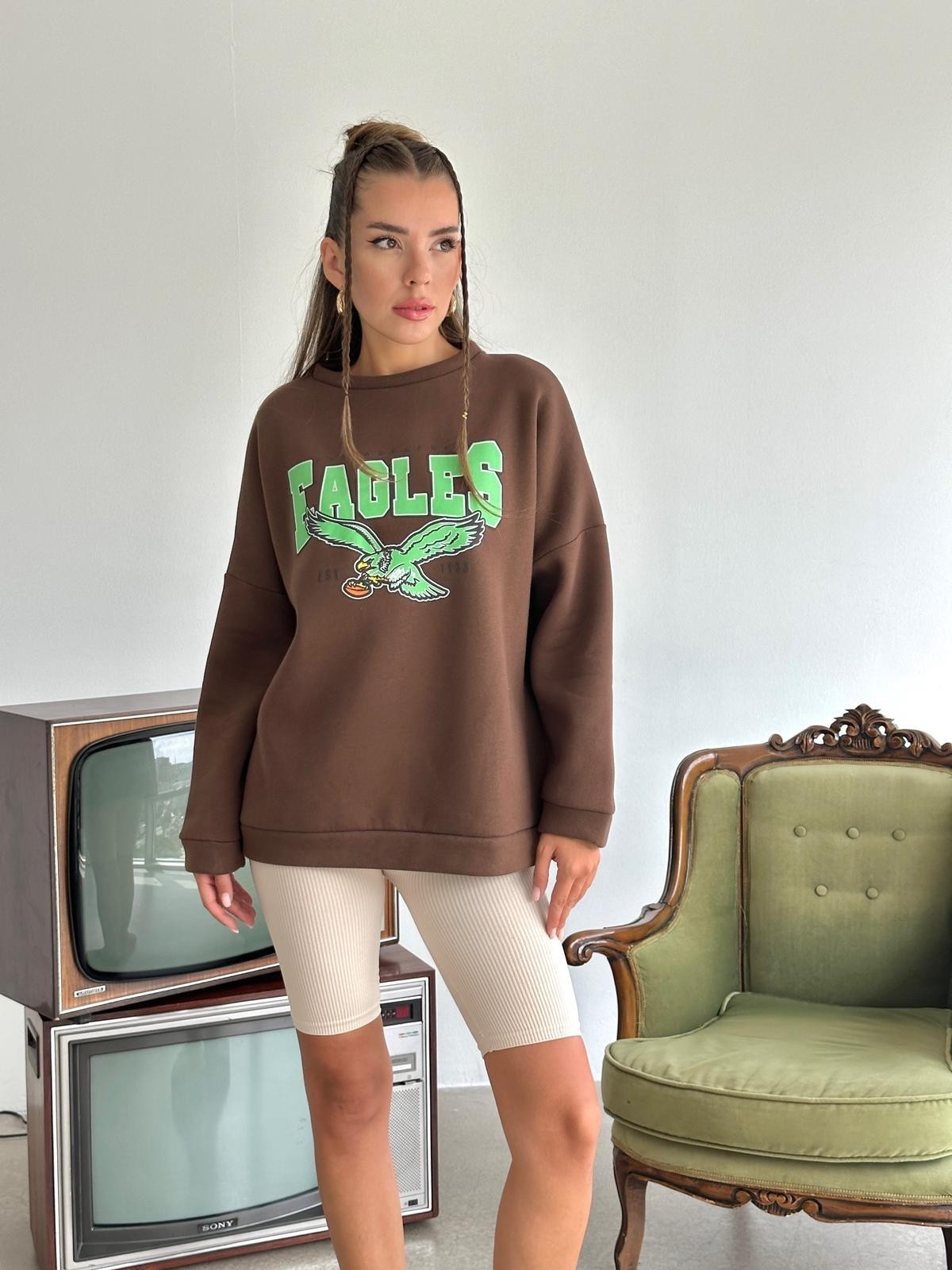 Eagles Üç İplik Oversize Sweat Kahverengi