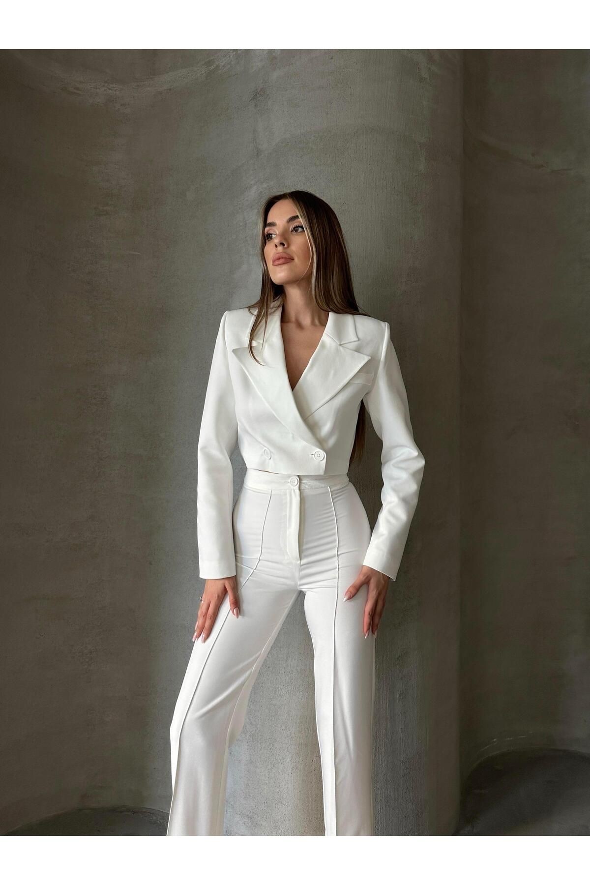 Çift Düğme Crop Blazer Ceket Beyaz