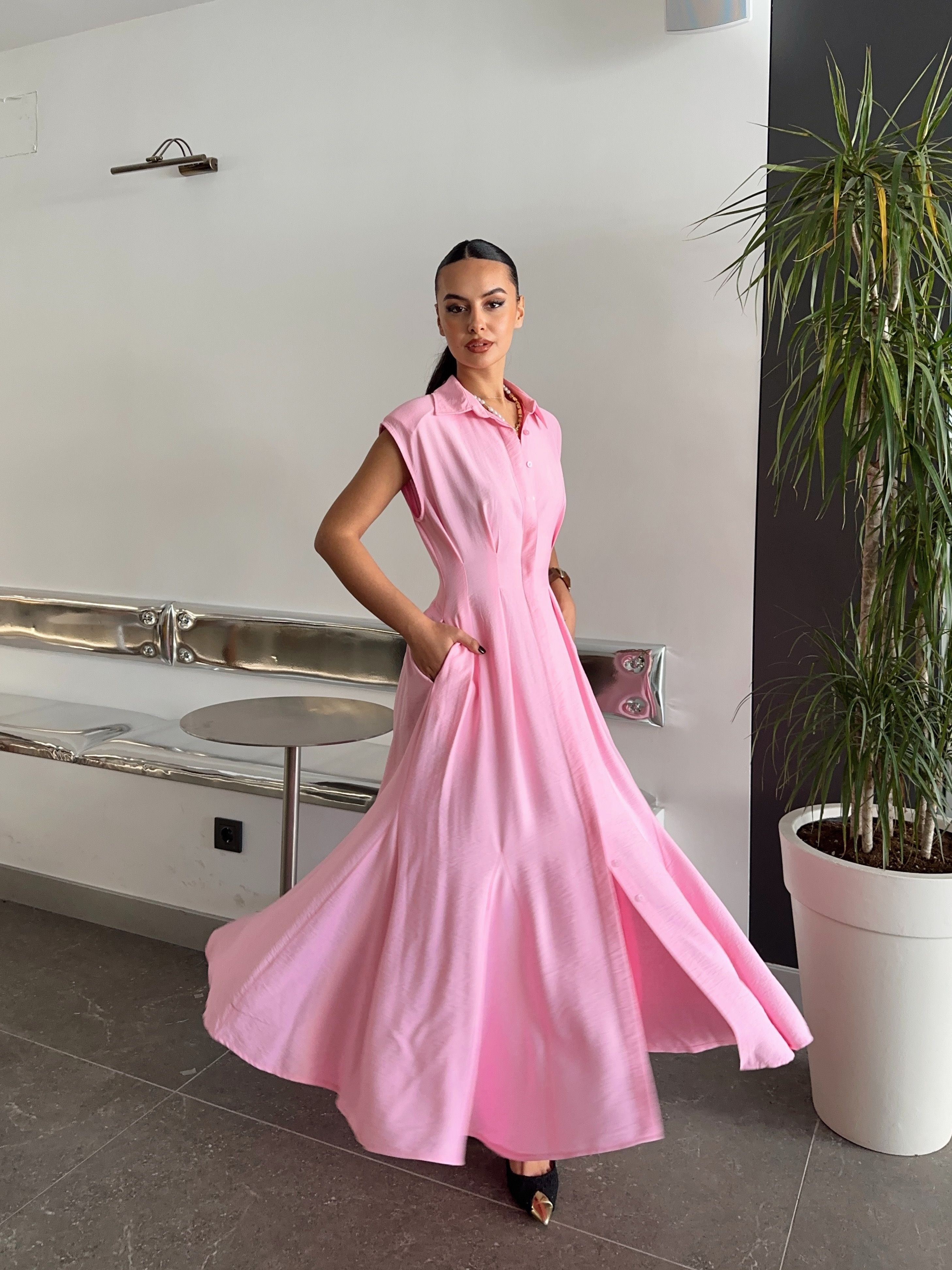 Pileli Vatkalı Elbise - Pembe