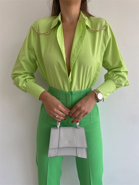 Zincir Apolet Oversize Poplin Gömlek Fıstık Yeşili